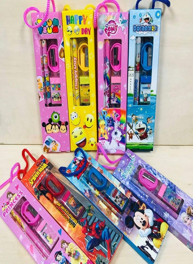 Tusmad Birthday Party Return Gifts - Mix Stationery Kit for Kids (Pack of 12) - Fancy Printed Ruler, 2 Pencils, Sharpener & Eraser Set in Charming Gift Box Multicolor - Image 2